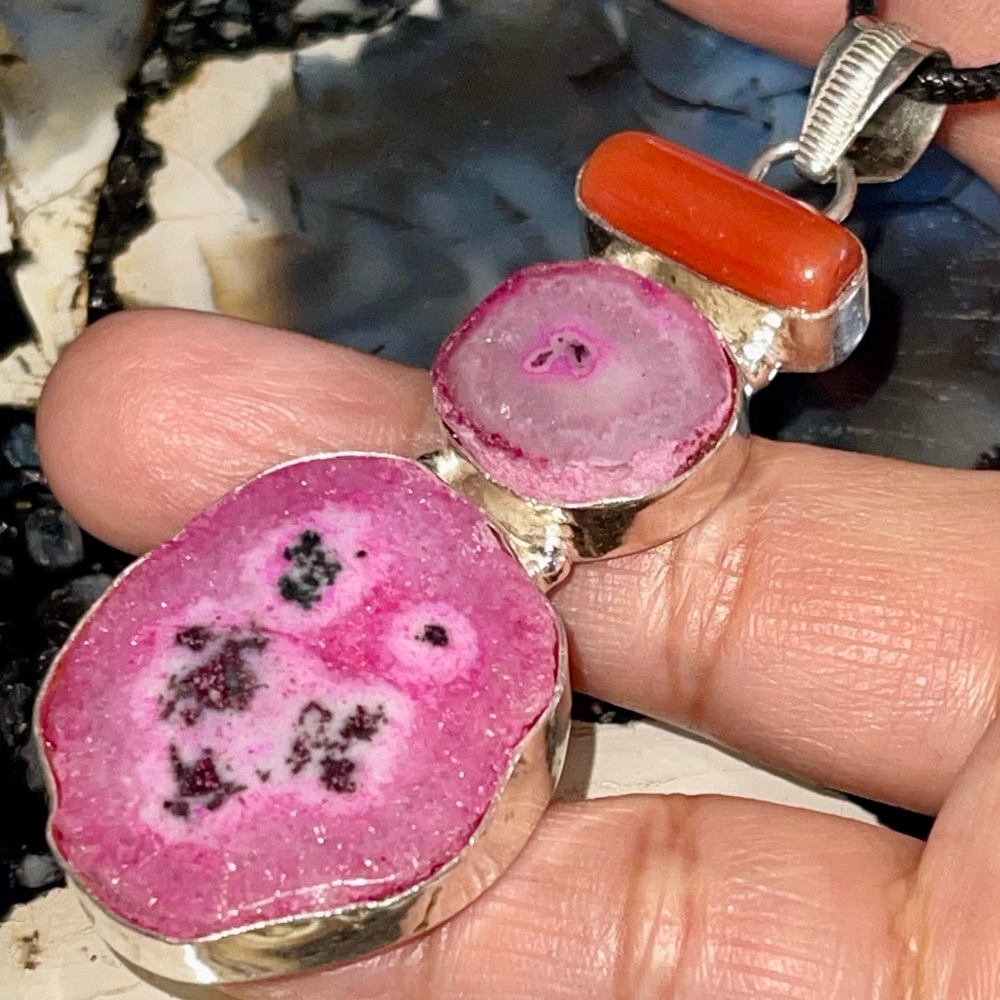 Drusy Solar Quartz & Red Coral Pendant 3”